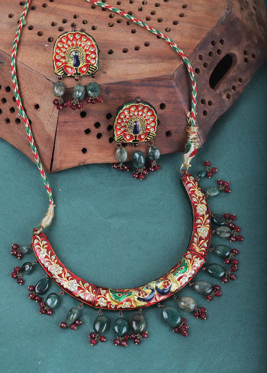 Red & Green Meenakari Necklace Set with Earrings