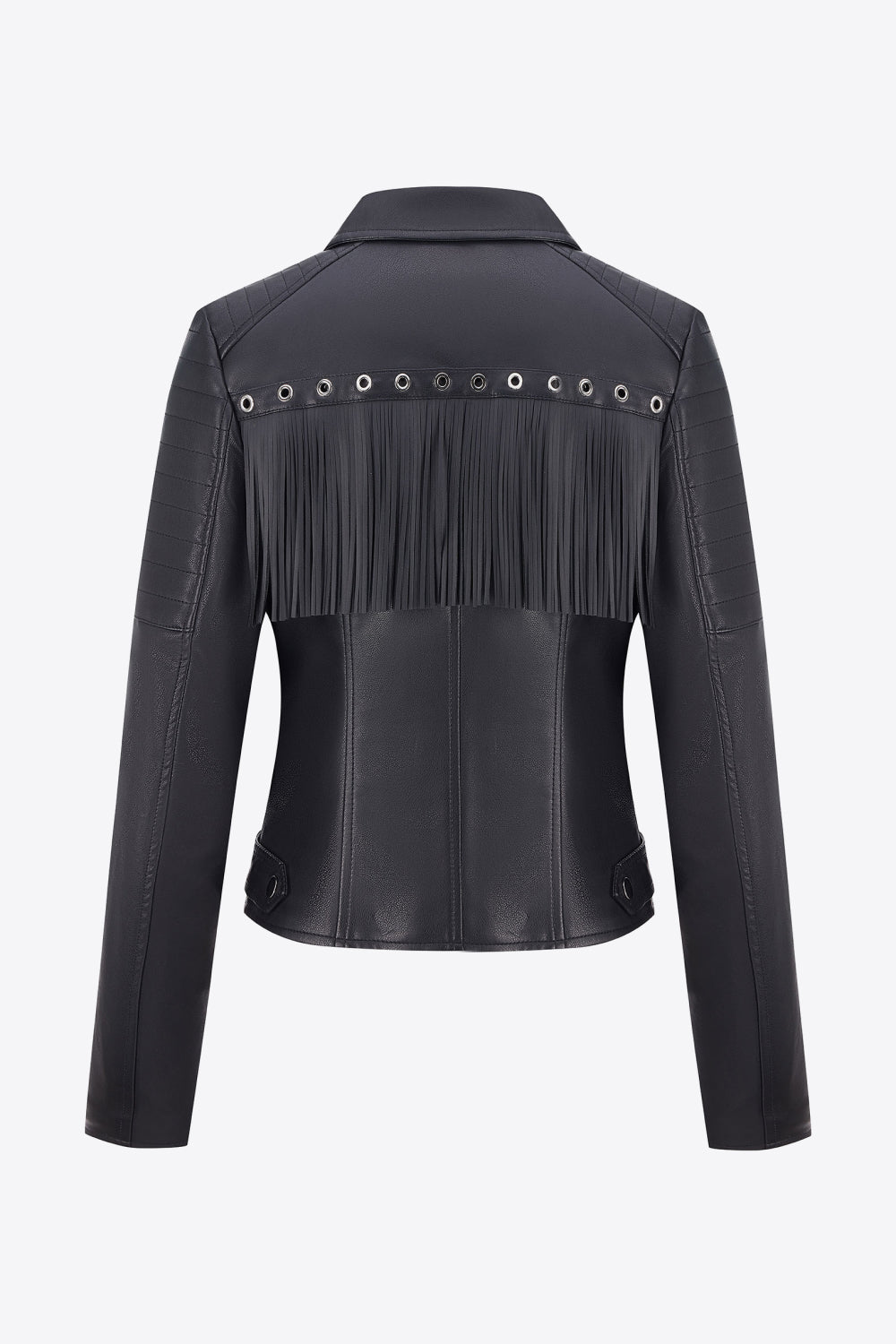 Zip Up Fringe Trim PU Leather Jacket