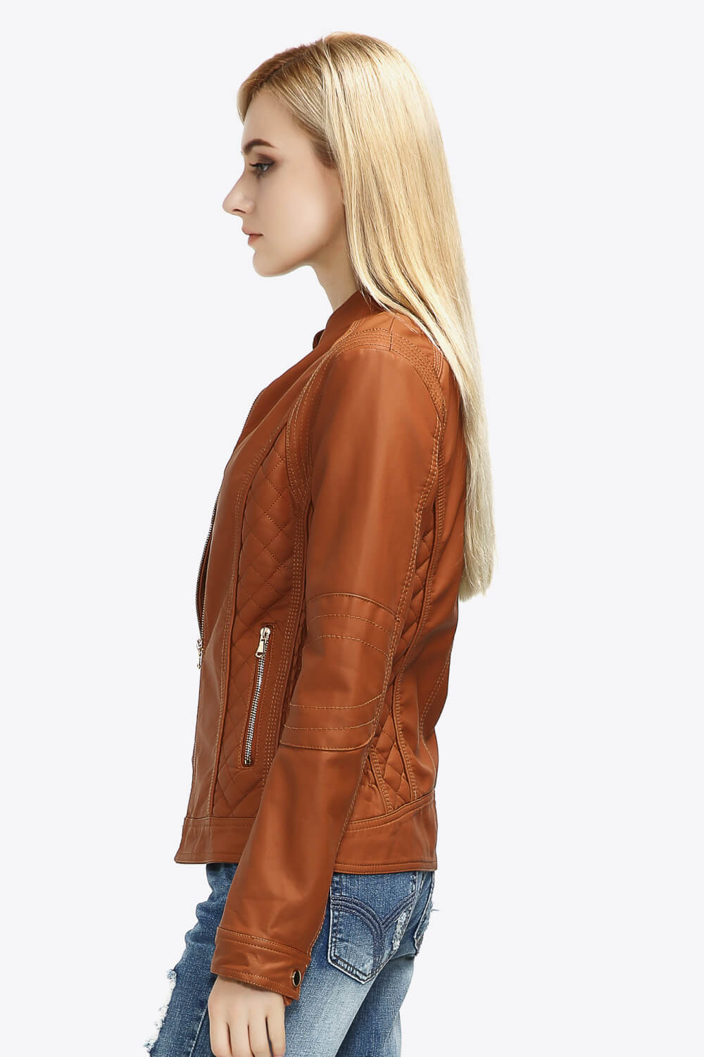 Zip Up PU Leather Jacket with Pockets