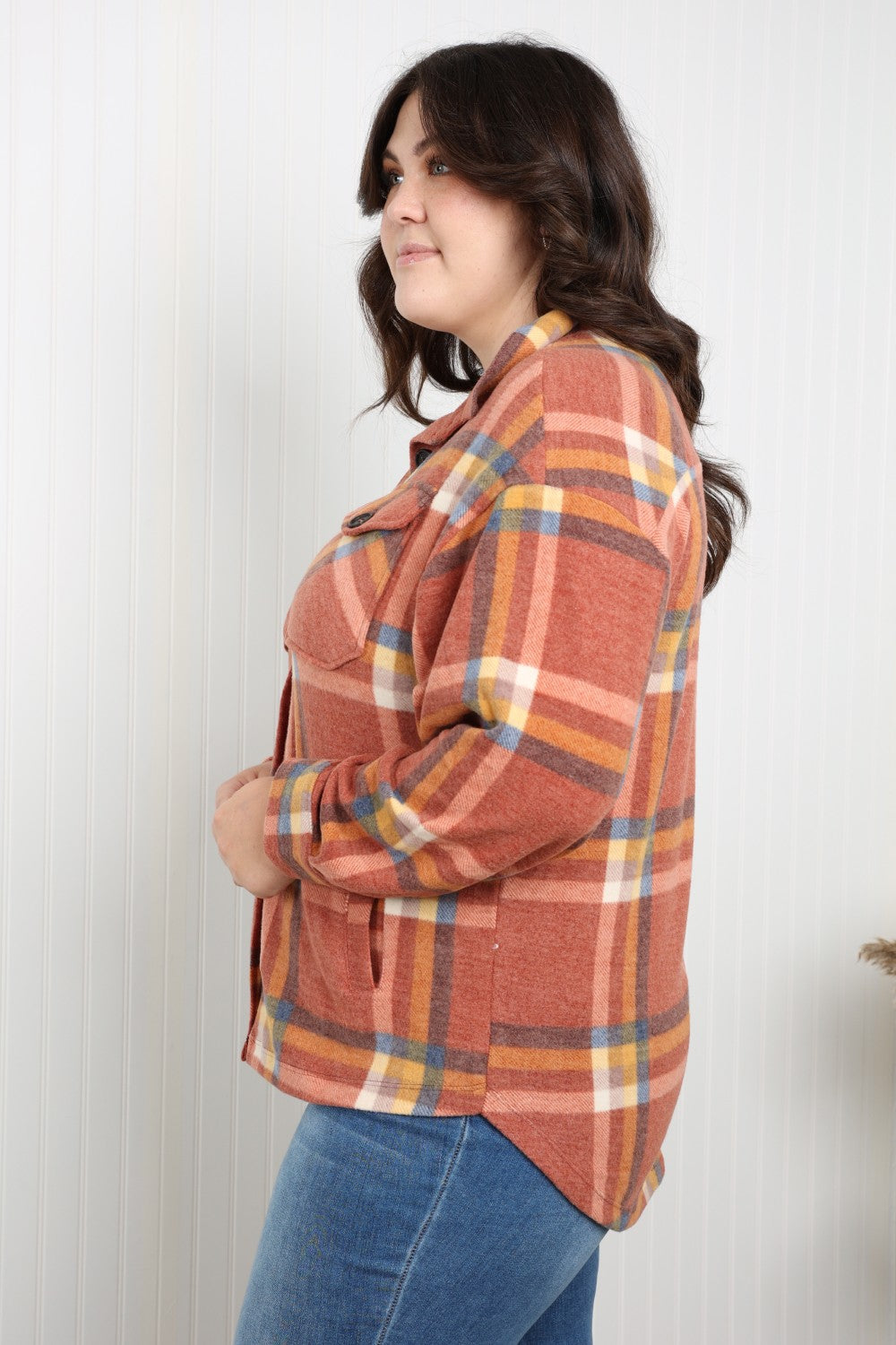 Zenana Pumpkin Spice Full Size Plaid Shacket in Rust