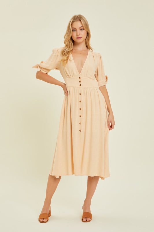 Full Size Textured Linen V-Neck Button-Down Midi Dress