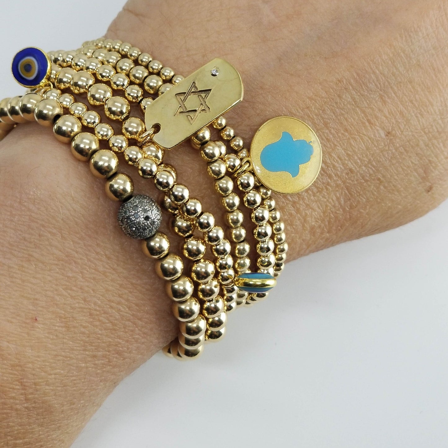 Blue Hamsa Hand Charm on Bead Bracelet in Gold