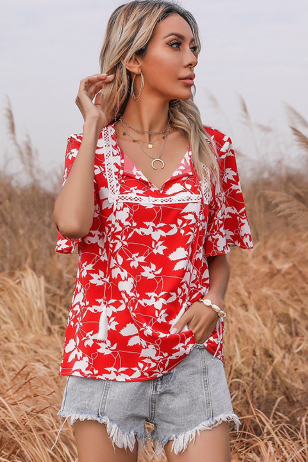 Printed Tie-Neck Tassel Lace Detail Blouse