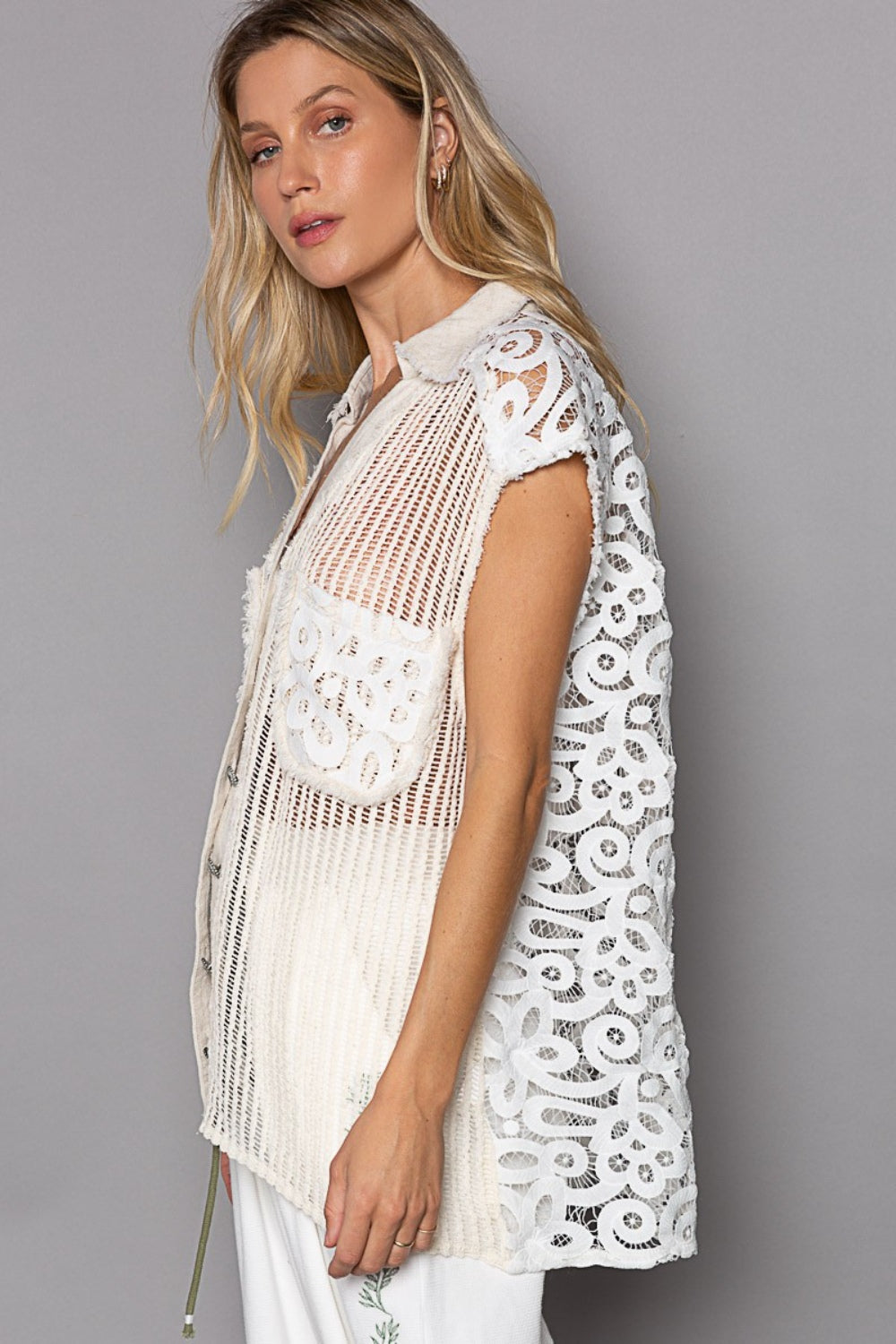 POL Button Down Crochet Patches Knit Vest