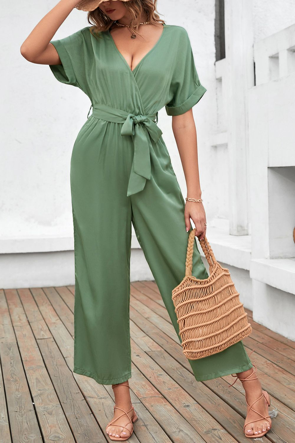 Tie Waist Surplice Wide Leg Jumpsuit