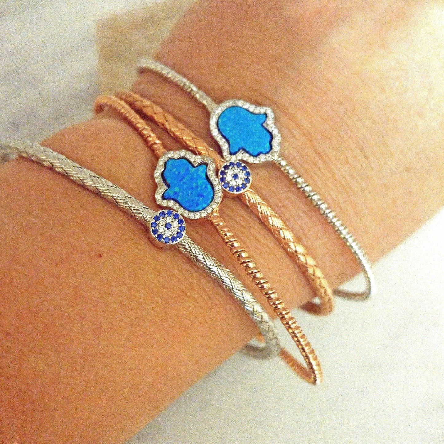 Blue Opal Hamsa Bangle Bracelet
