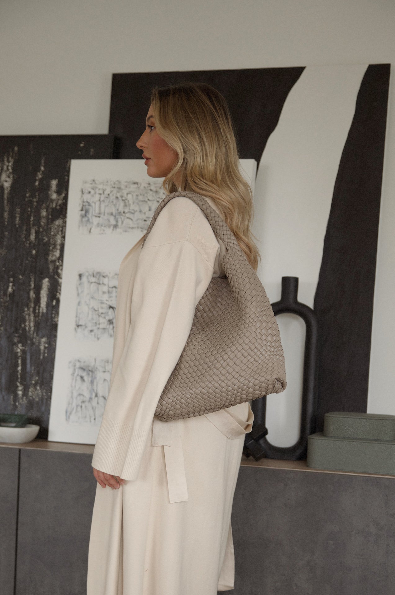 Taupe Woven Shoulder Bag