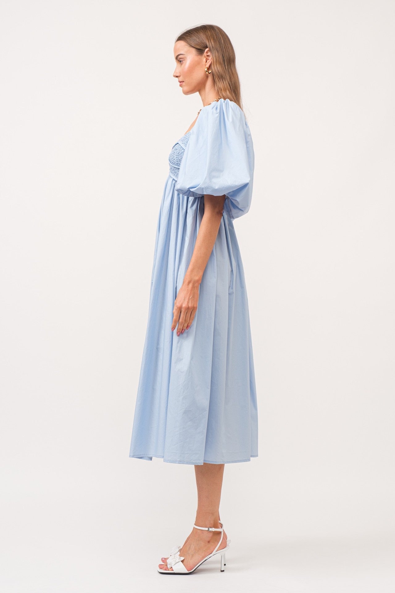 Sky Blue Puff Sleeve Poplin Midi Dress