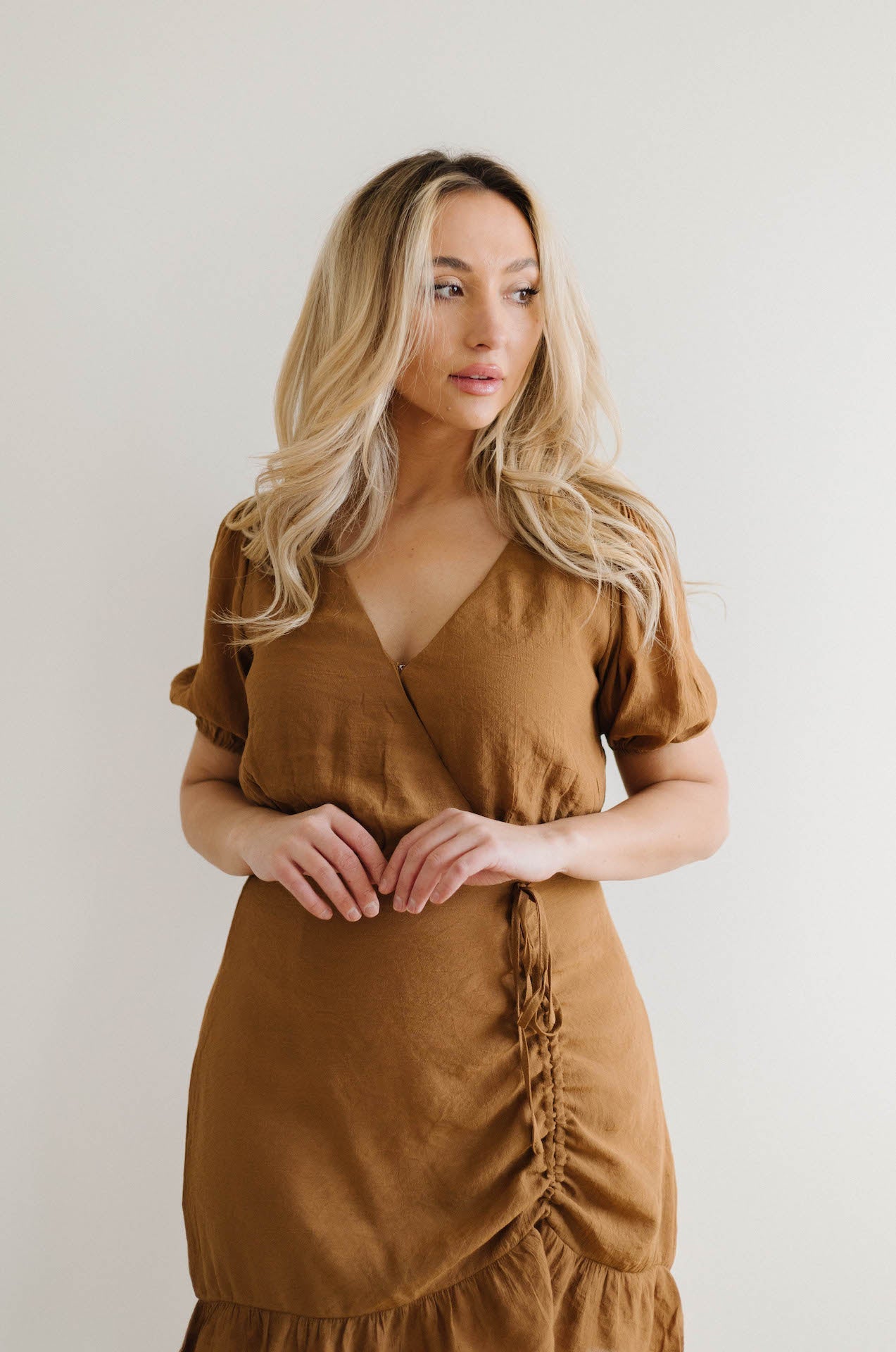 European Lover Ruched Front Mini Dress - Brown