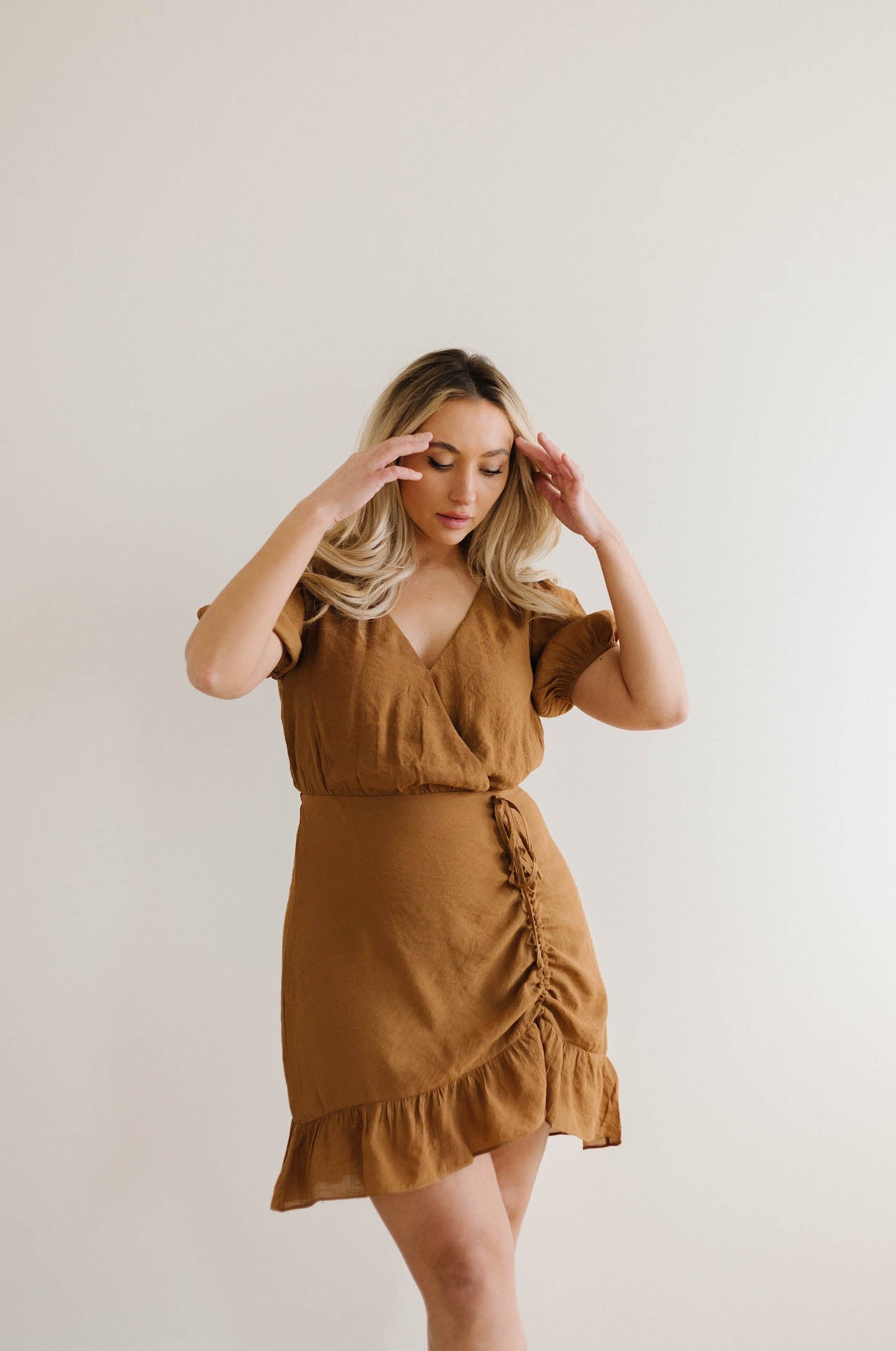 European Lover Ruched Front Mini Dress - Brown