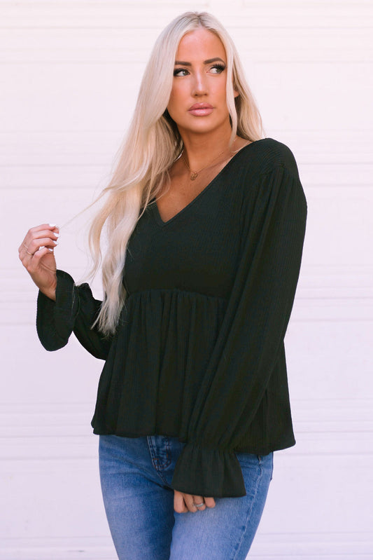 V-Neck Flounce Sleeve Babydoll Top