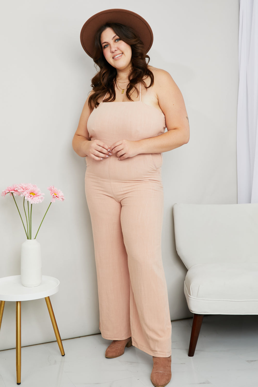 White Birch Full Size Halter Neck Jumpsuit with Pockets