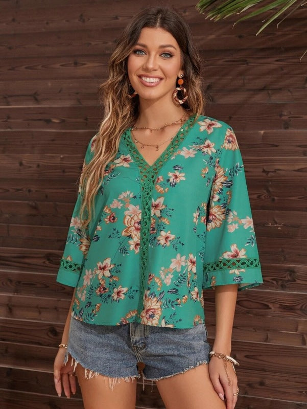 V-neck patchwork lace flared sleeve shirt