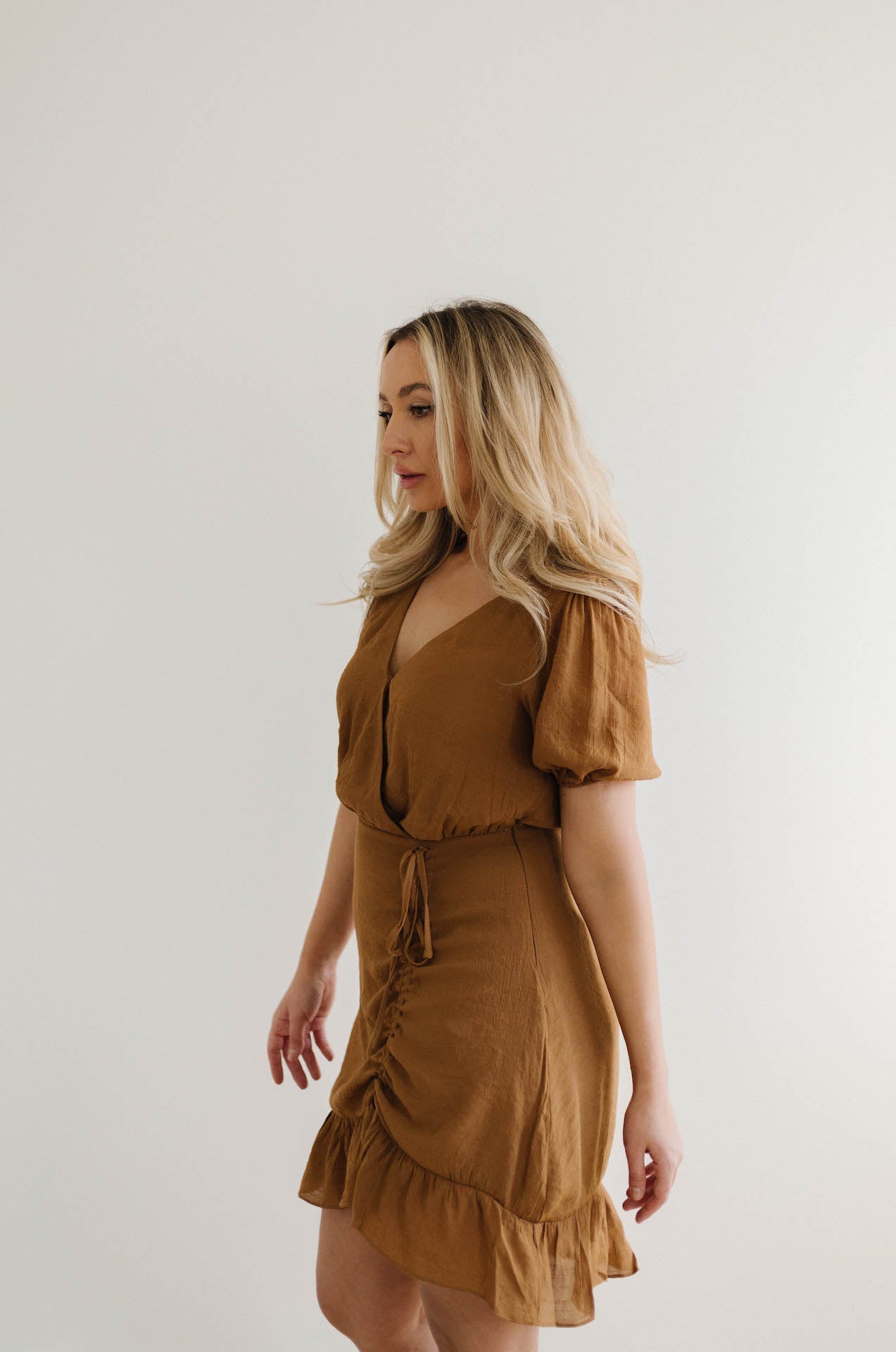 European Lover Ruched Front Mini Dress - Brown