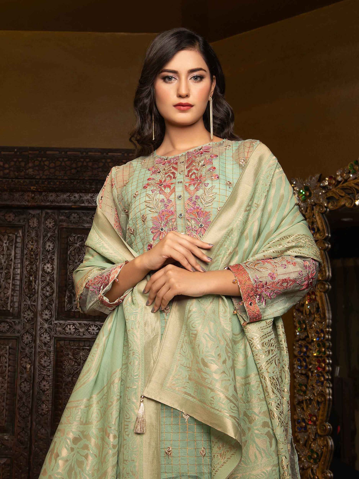 2 Piece Embroidered Organza Suit