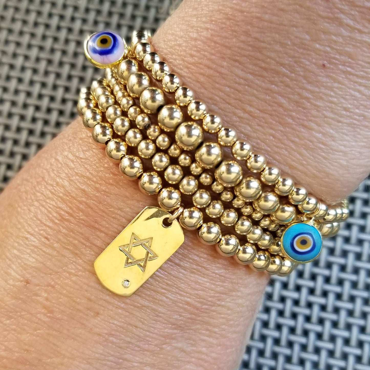 Blue Hamsa Hand Charm on Bead Bracelet in Gold