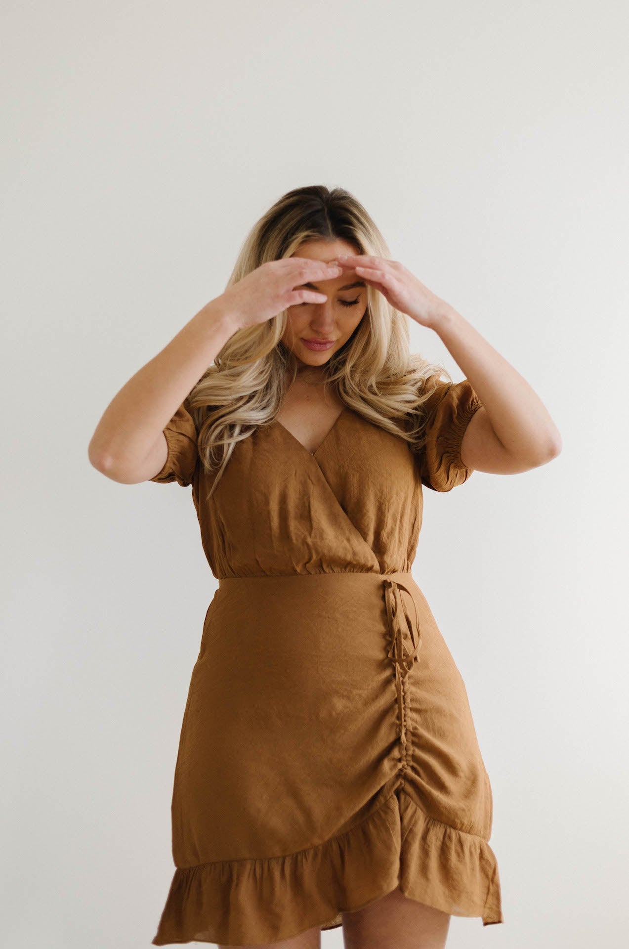 European Lover Ruched Front Mini Dress - Brown