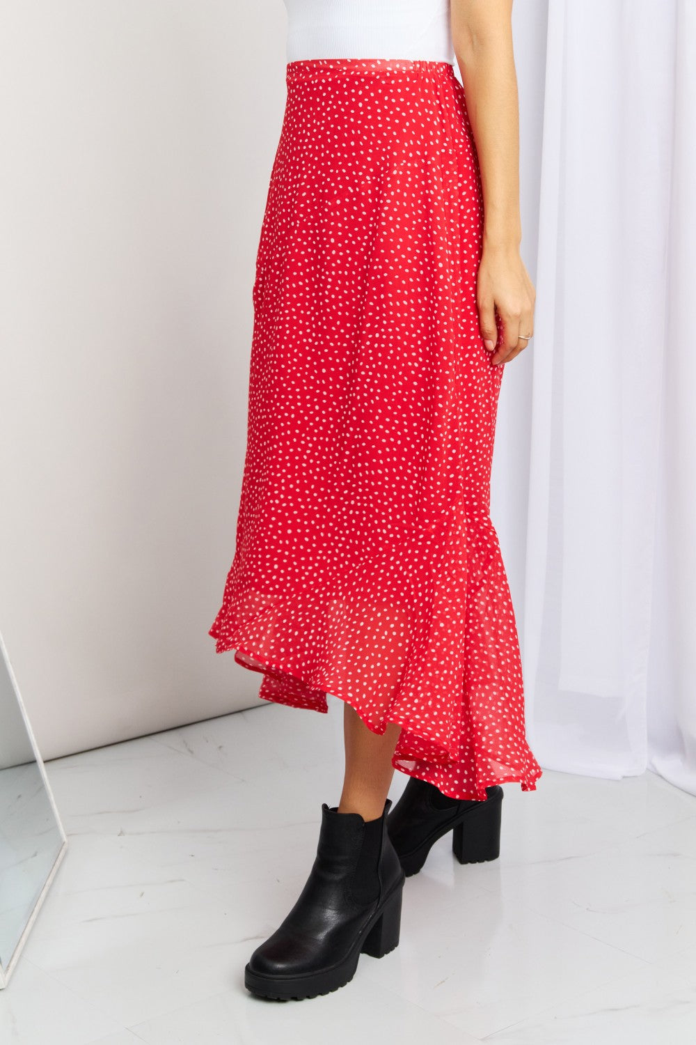 Zenana Polka Dot Ruffle Hem Midi Skirt