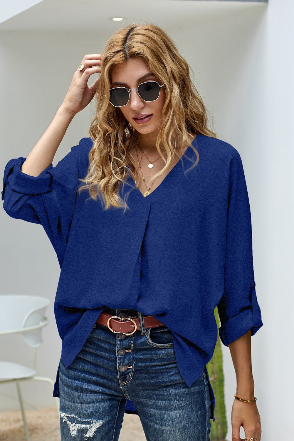 V-Neck Slit High-Low Blouse