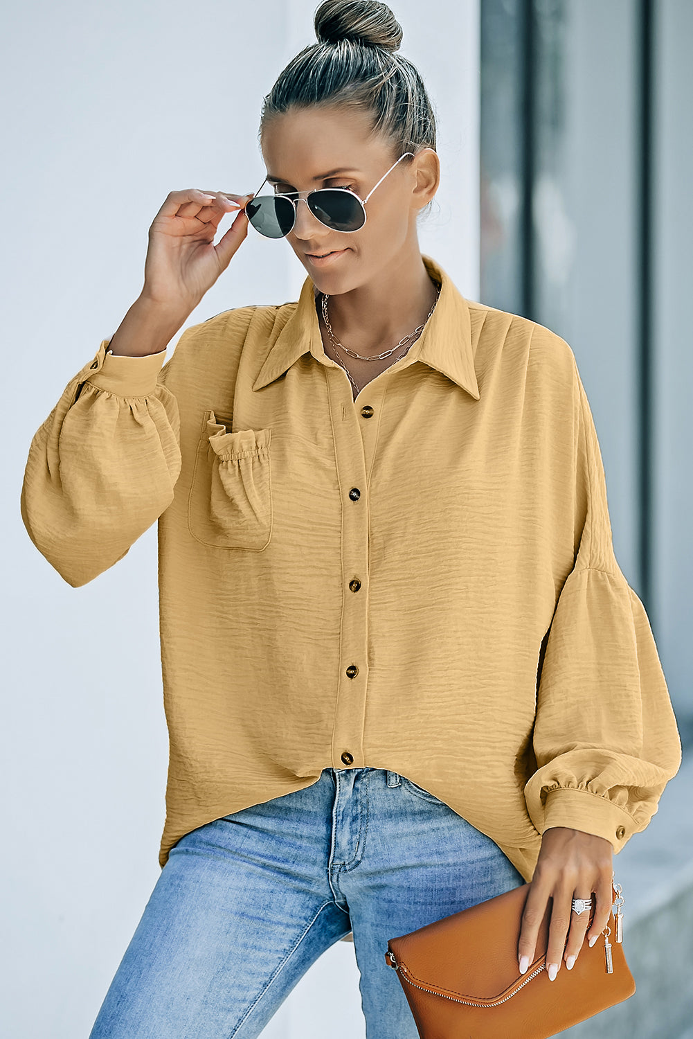 Textured Frill Trim Shirt with Breast Pocket