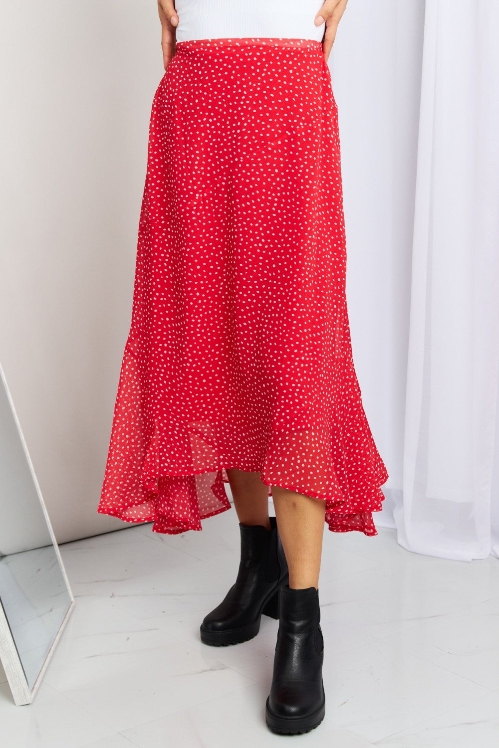 Zenana Polka Dot Ruffle Hem Midi Skirt