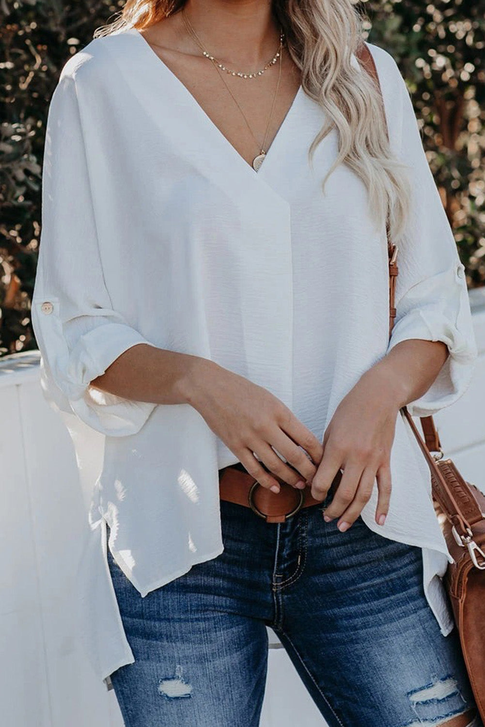 V-Neck Slit High-Low Blouse