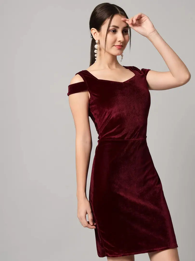 INFITROB Women Solid Stretchable Bodycon Velvet Dress