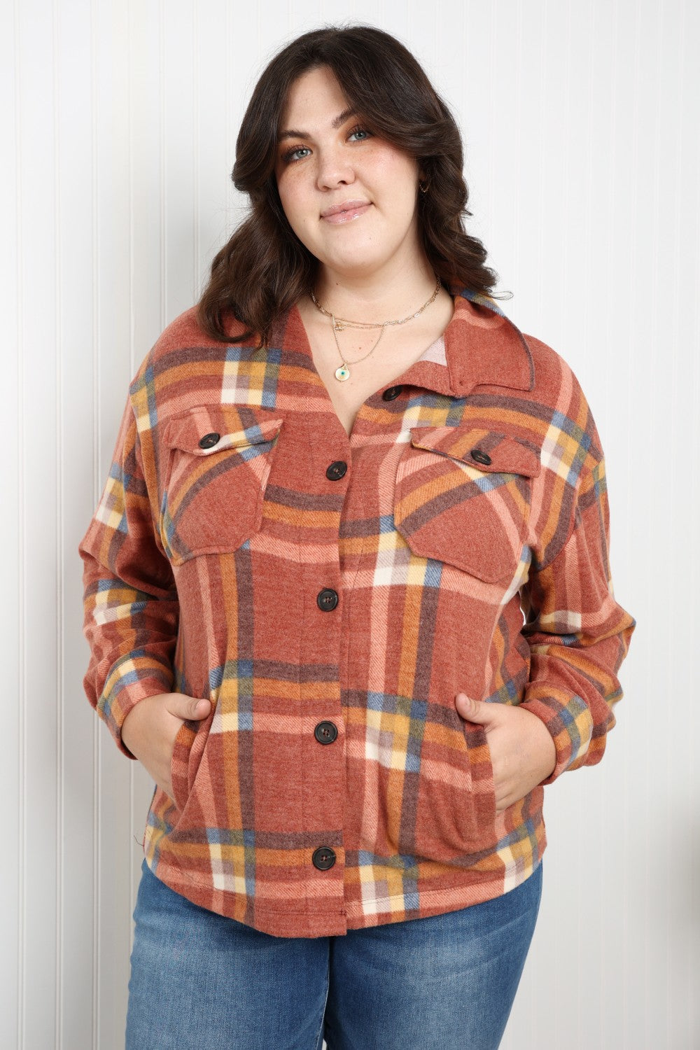 Zenana Pumpkin Spice Full Size Plaid Shacket in Rust