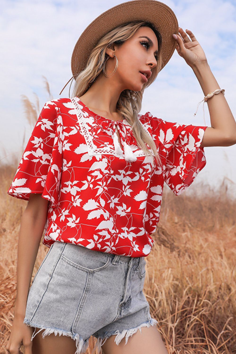 Printed Tie-Neck Tassel Lace Detail Blouse