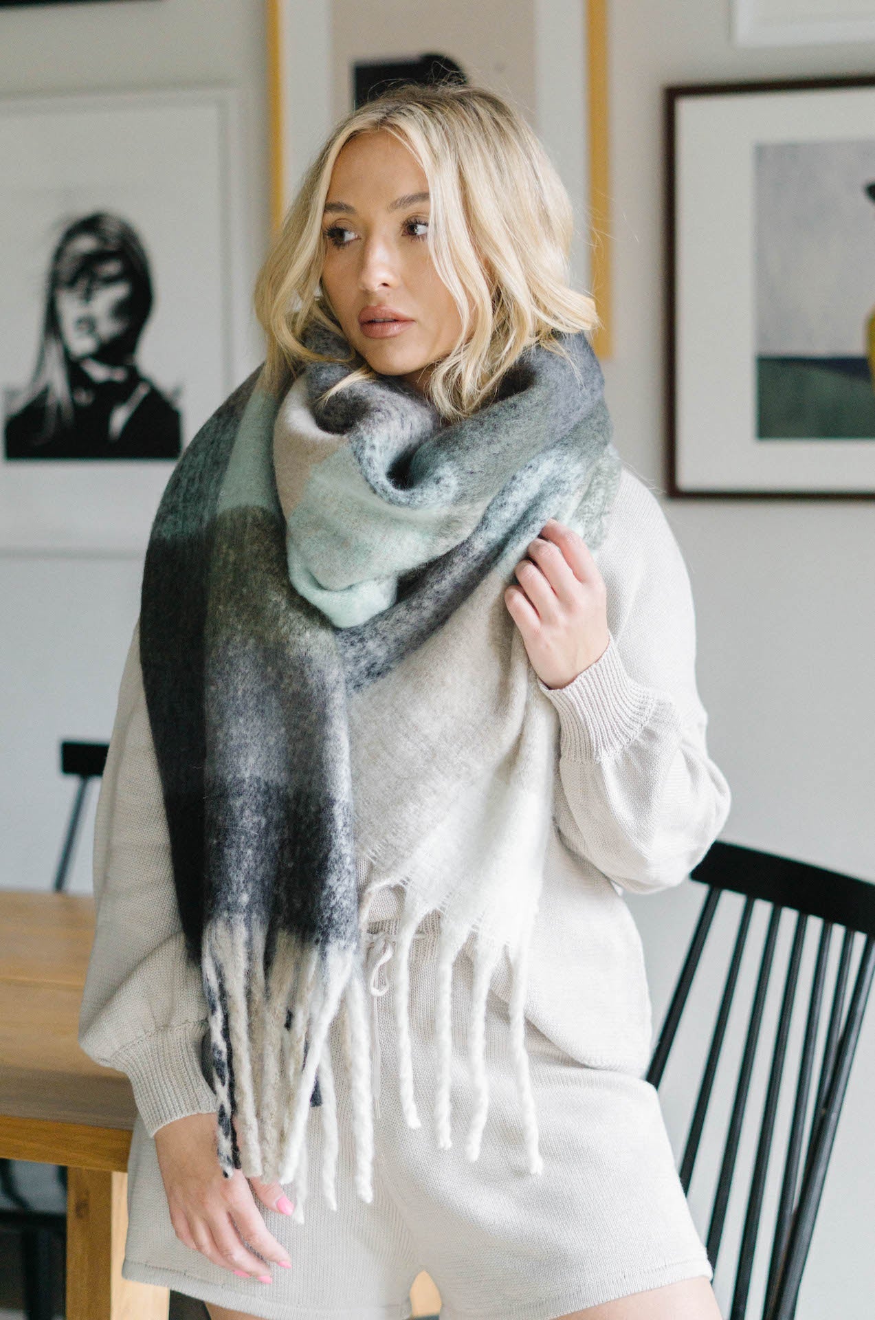 Cozy Feels Multicolor Fringe Scarf - Grey/Teal