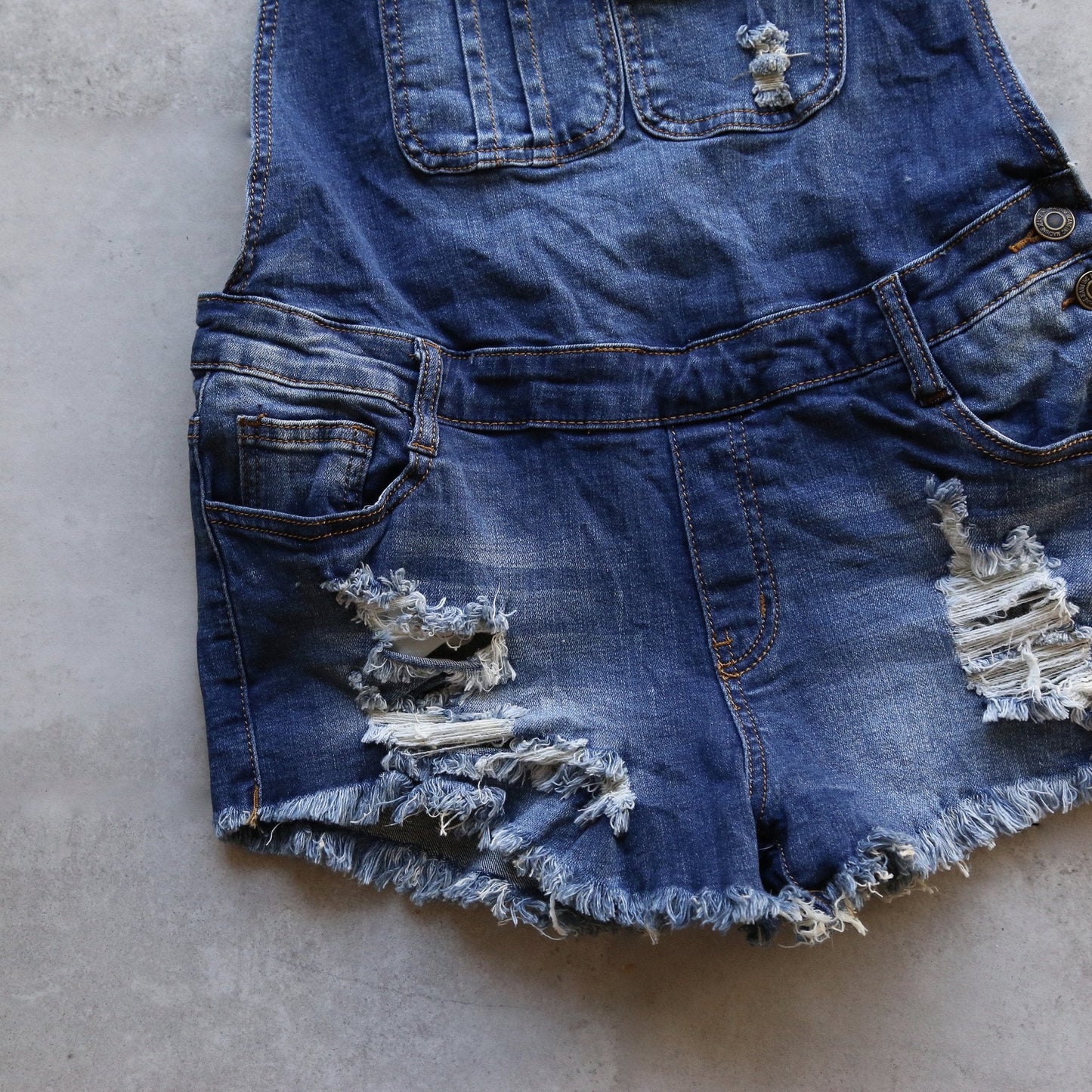 Final Sale - Distressed Denim Overall Shorts in Medium Wash