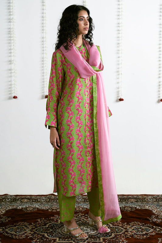 Parrot Green Moonga Silk Top With Organza Dupatta