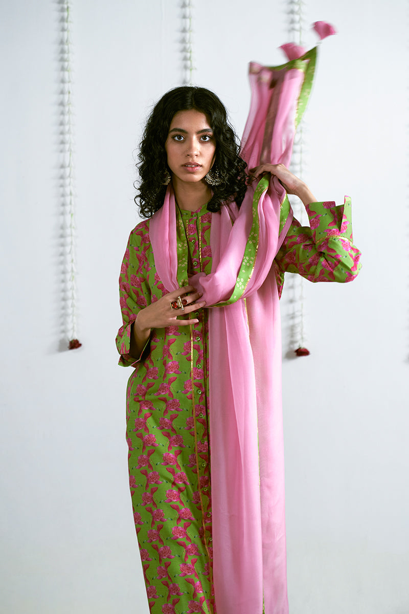 Parrot Green Moonga Silk Top With Organza Dupatta