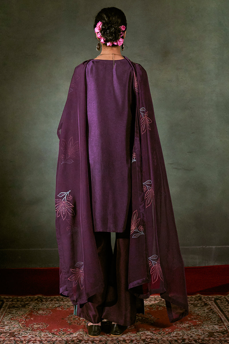 Purple Russian Silk Embroidered Top With Embroidered Organza Dupatta