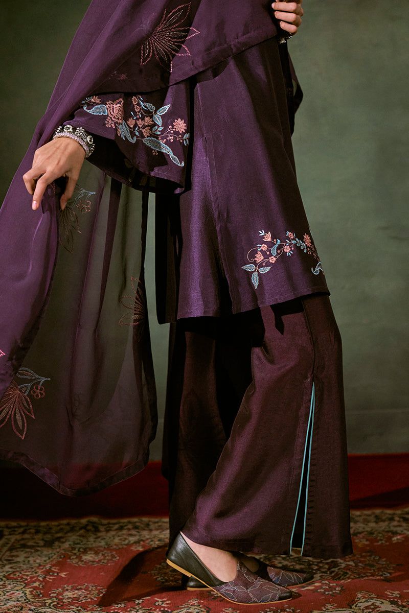 Purple Russian Silk Embroidered Top With Embroidered Organza Dupatta