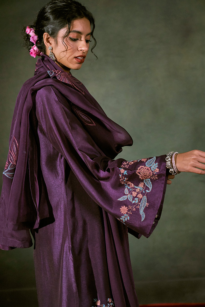 Purple Russian Silk Embroidered Top With Embroidered Organza Dupatta