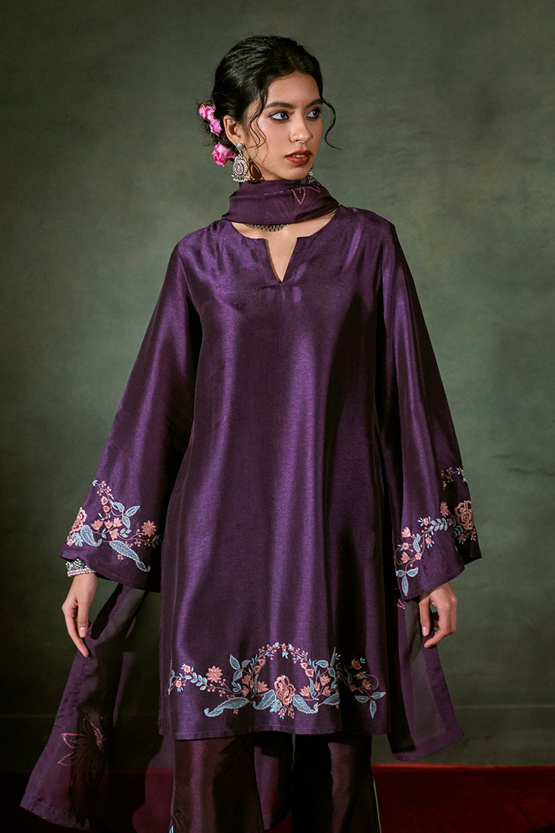 Purple Russian Silk Embroidered Top With Embroidered Organza Dupatta