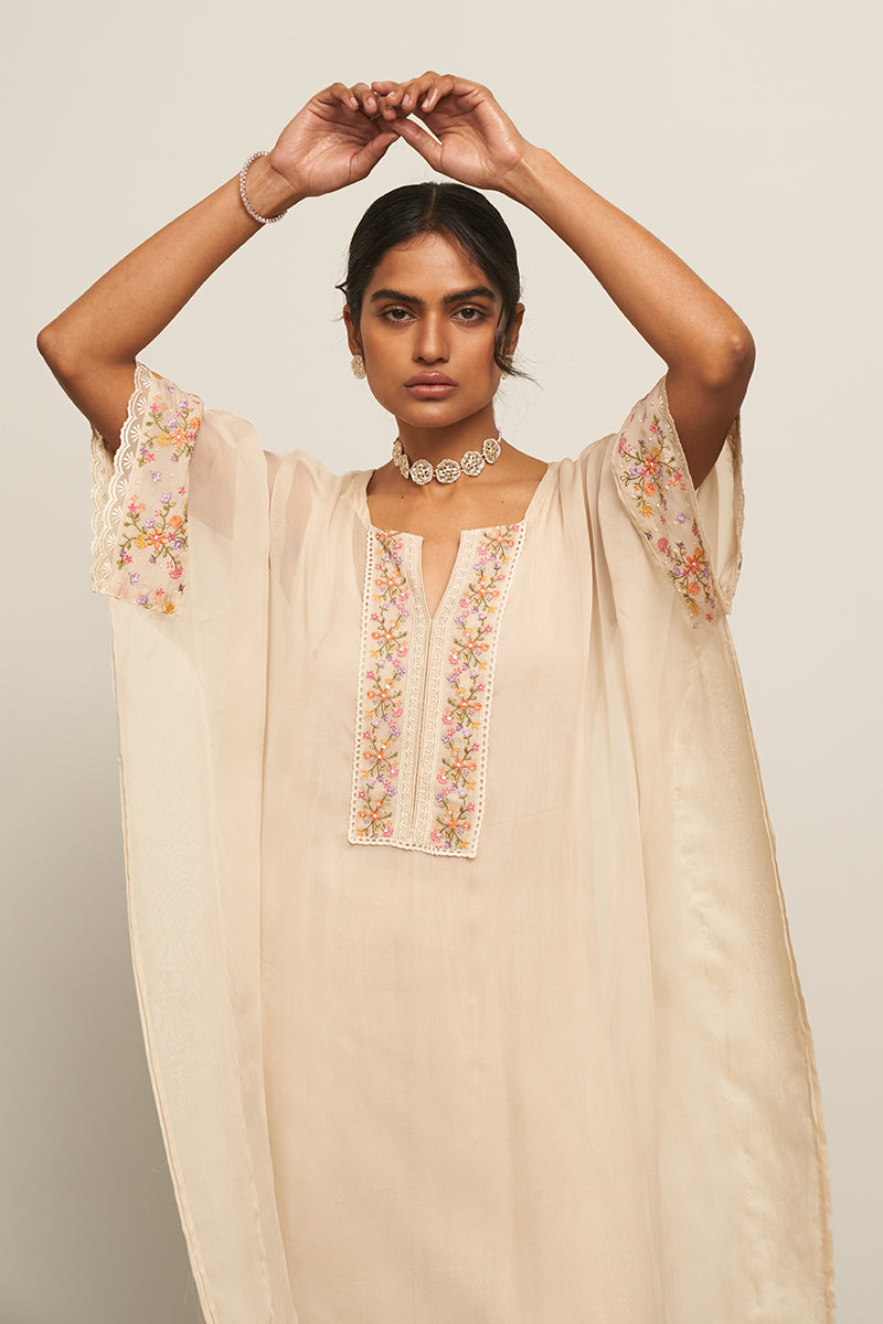 Almond Milk Organza Kaftan With Multi Colour Thread Embroidery With Lace Detailing