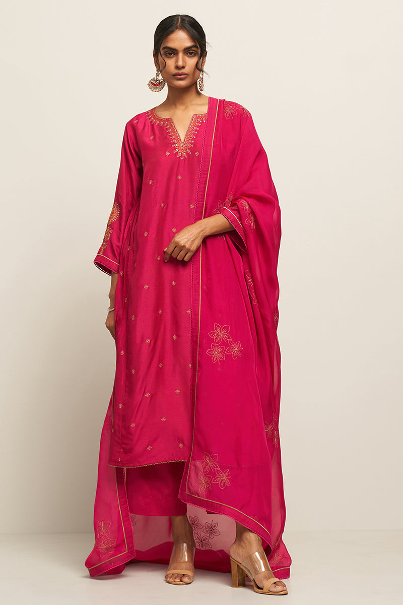 Rani Pink Raw Silk Kurta With Golden Thread Embroidery With Organza Embroidered Dupatta