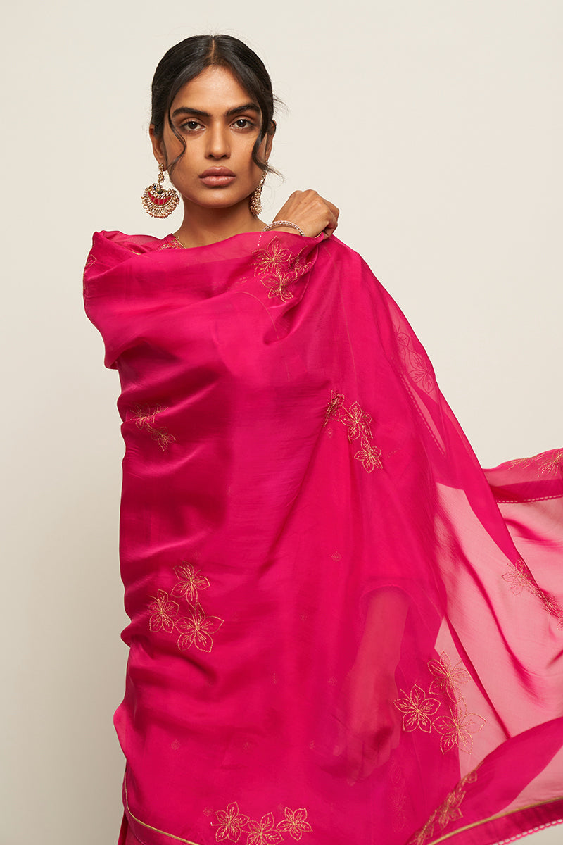 Rani Pink Raw Silk Kurta With Golden Thread Embroidery With Organza Embroidered Dupatta