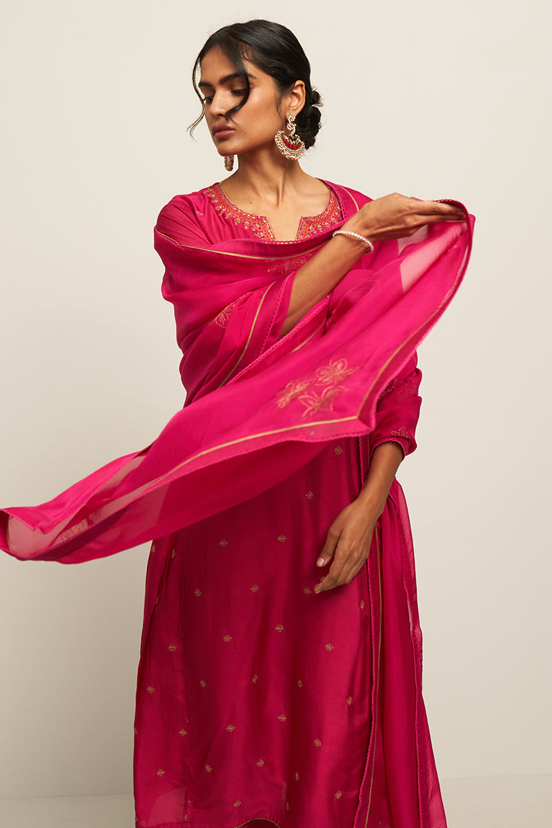 Rani Pink Raw Silk Kurta With Golden Thread Embroidery With Organza Embroidered Dupatta