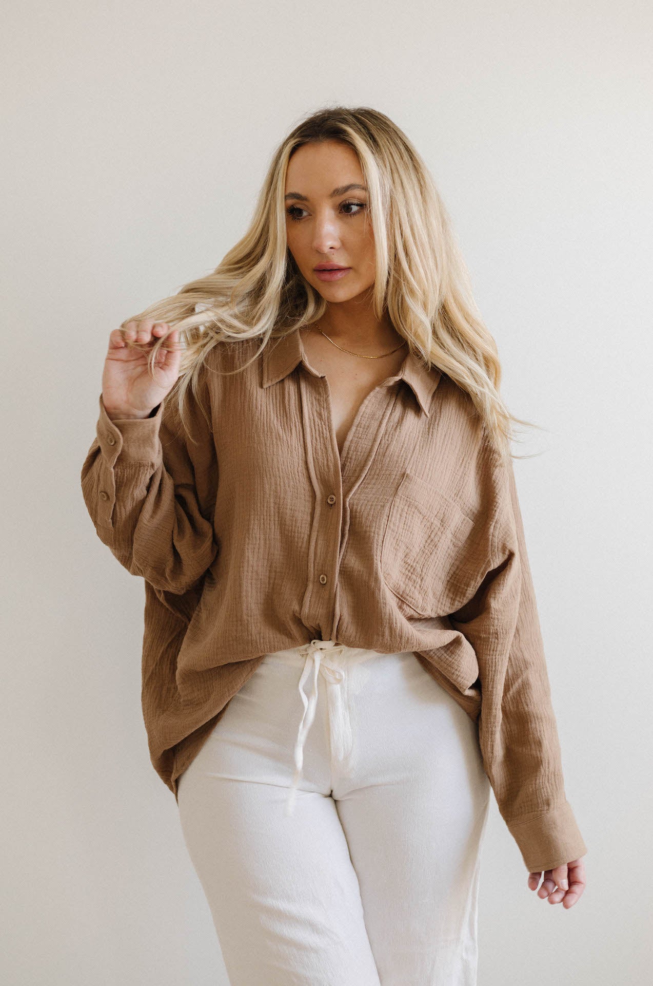 Summer Daydream Gauzy Oversized Button Down - Mocha