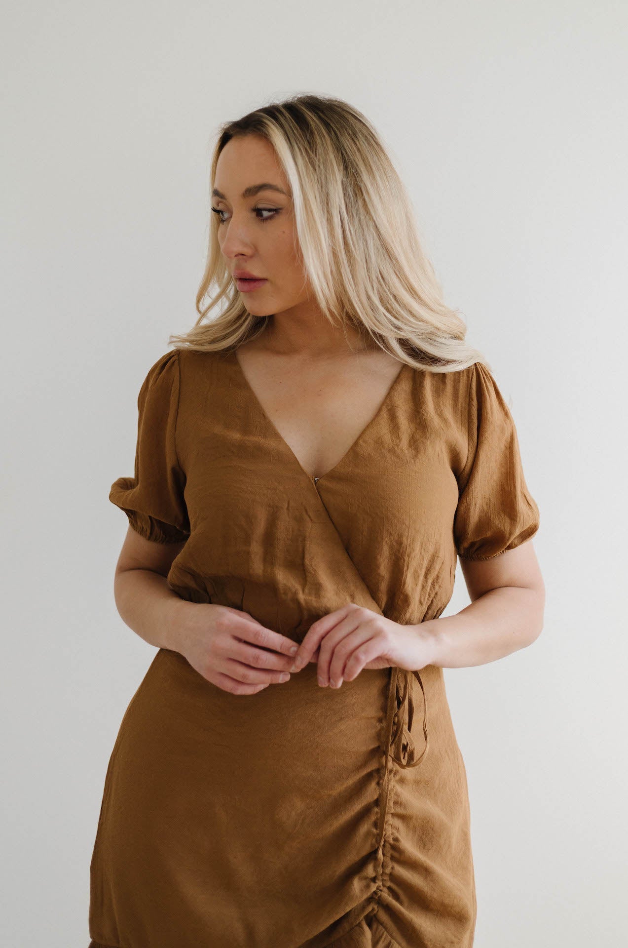European Lover Ruched Front Mini Dress - Brown