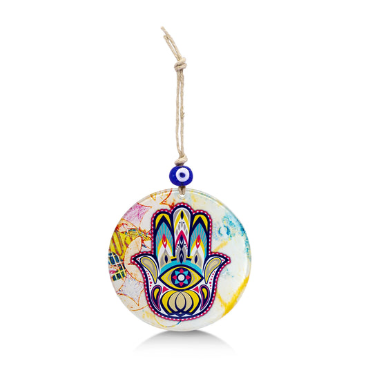 Abstract Hamsa Glass Wall Hanging Ornament with Evil Eye