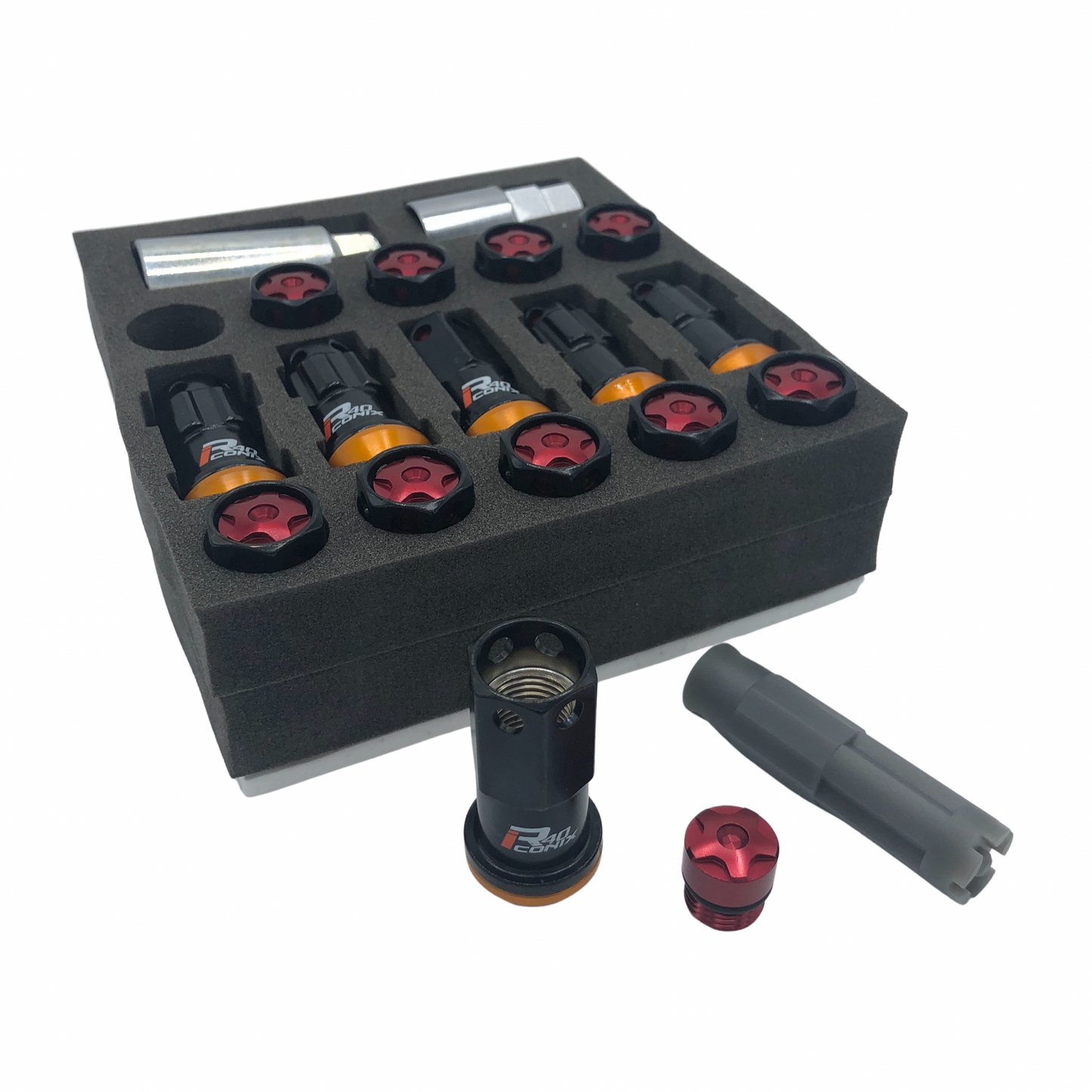 Kics R40 iCONIX M14 Lug Nuts & Locks - 14x1.5 in Black w. Red Caps