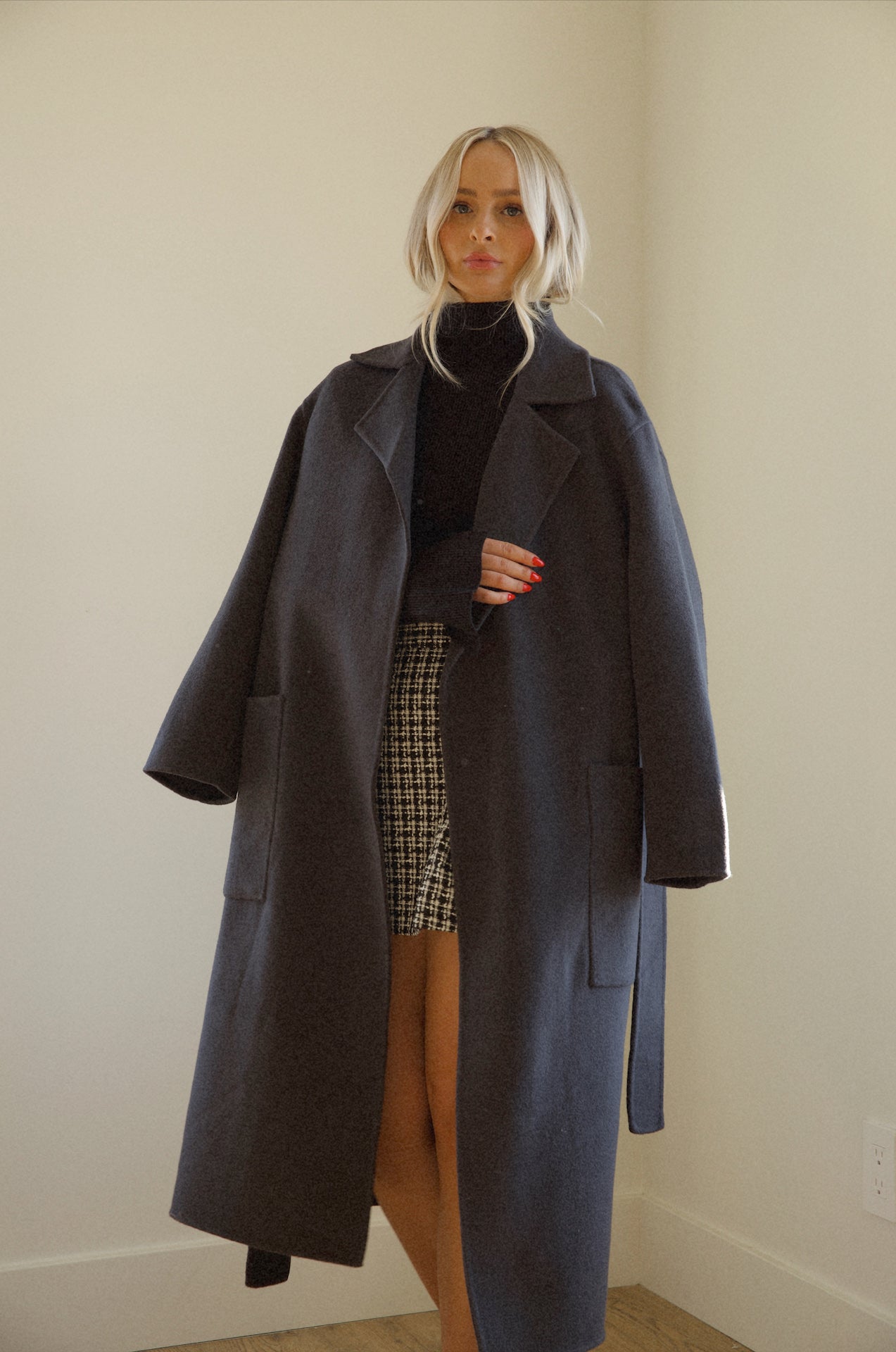 Oversized Belted Wool Coat - Black