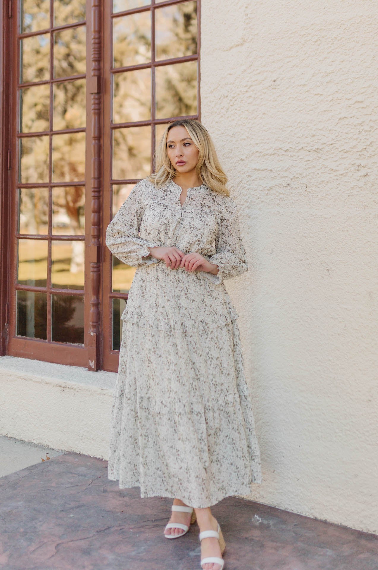 Veronica Long Sleeve Green Floral Maxi Dress