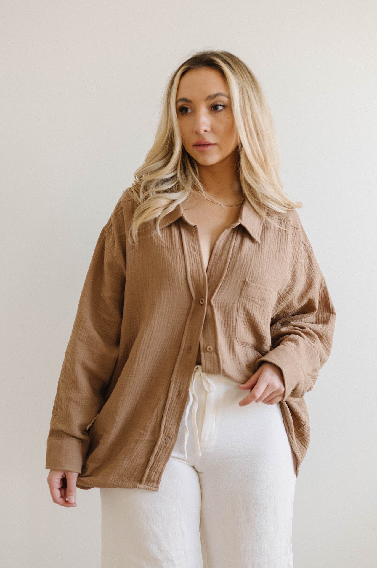 Summer Daydream Gauzy Oversized Button Down - Mocha