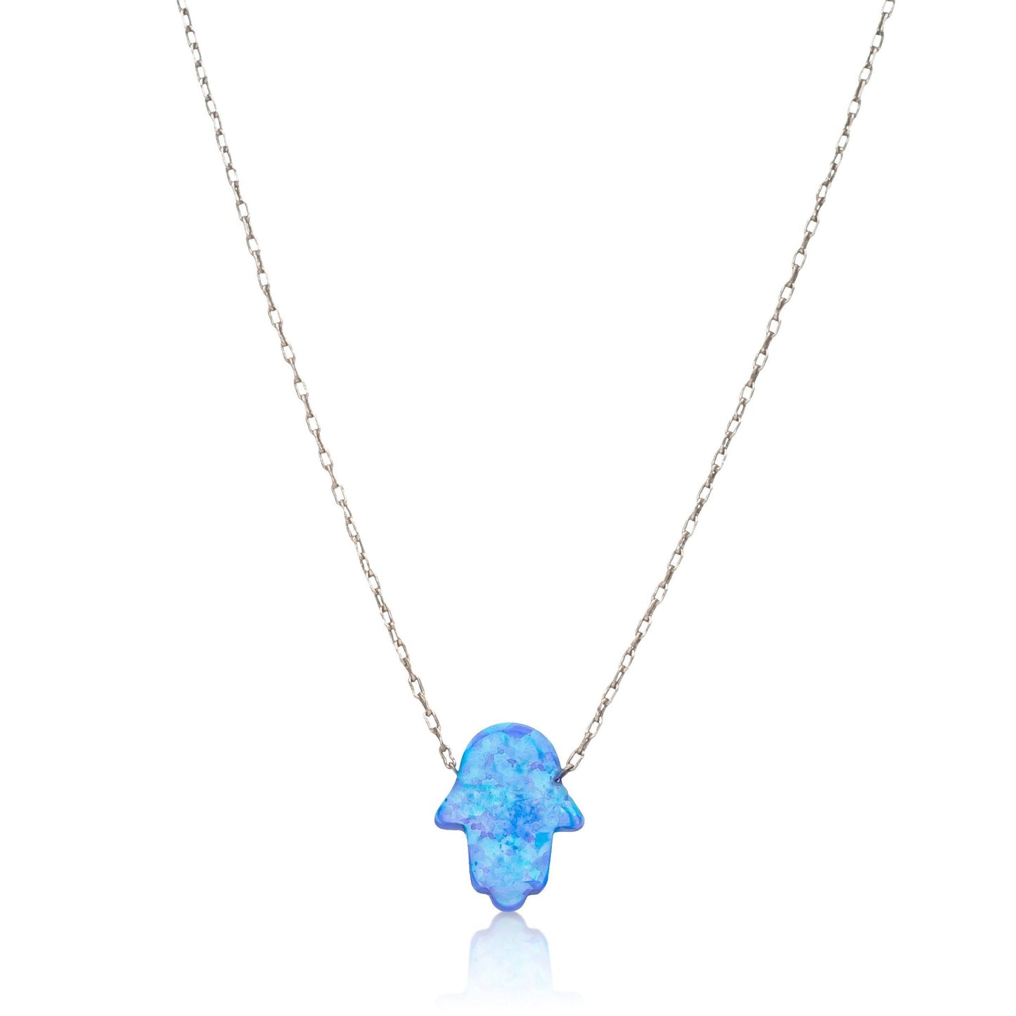 Blue Opal Hamsa Hand Necklace on Sterling Silver Chain
