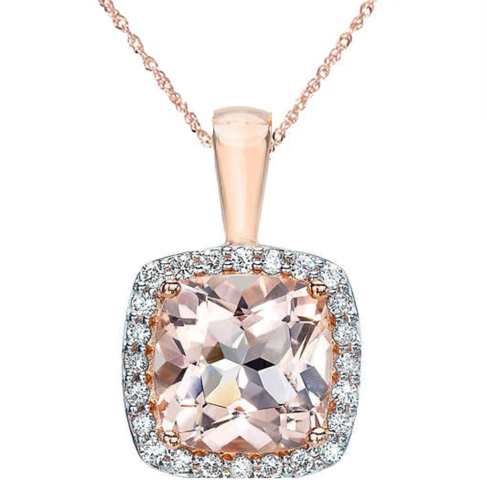 1.10 CTW Morganite Cushion Halo Created Moissanite Pendant in 14K Rose Gold Plate